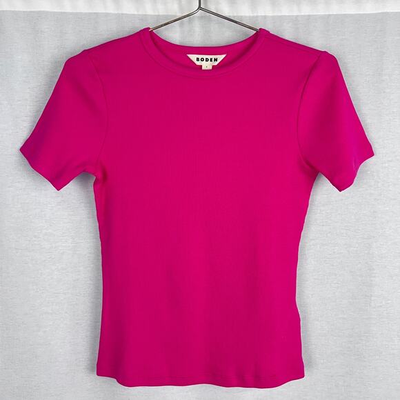 Boden Top Soft Ribbed Crew Neck T-Shirt Tee Pink Barbie Summer Basic Essential - Picture 1 of 5